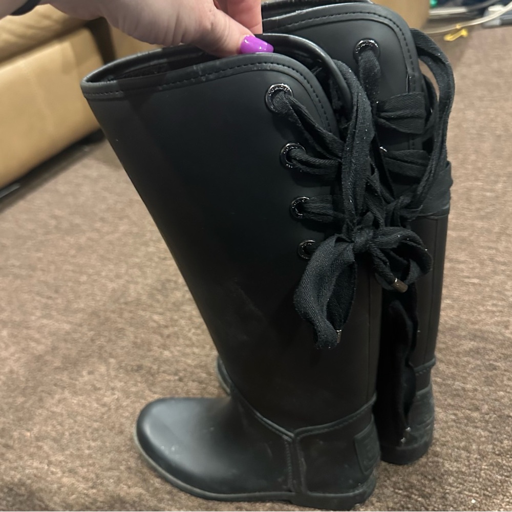 COACH Tristee Rubber/Coated Canvas Rain Boots Lace Up Tie Back Black Sz 7B